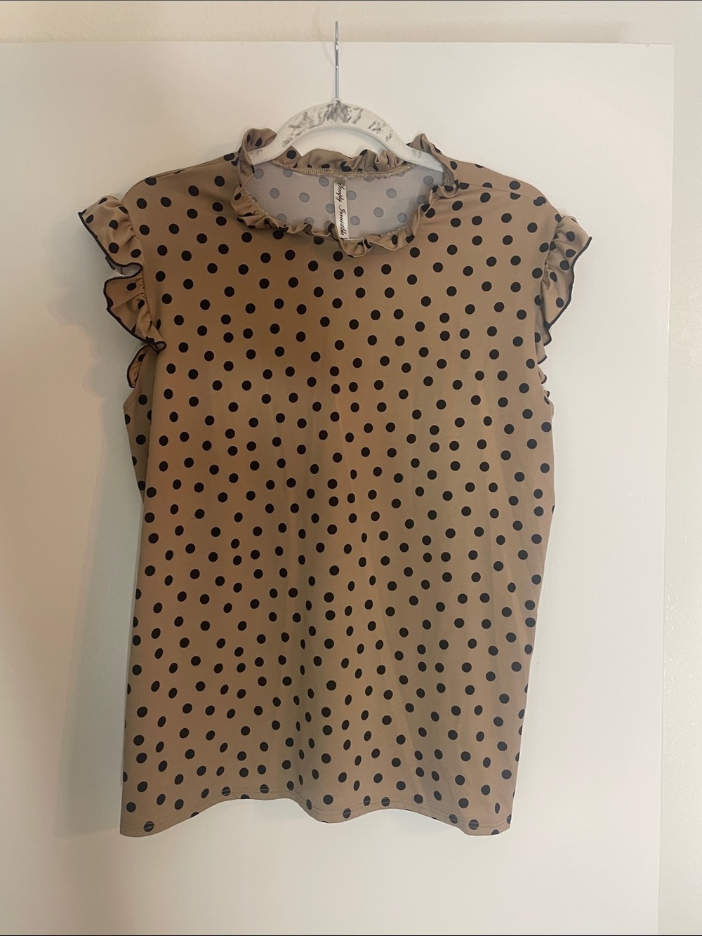 Simply Irresistible Tan Polka Dot Ruffle Sleeve Blouse